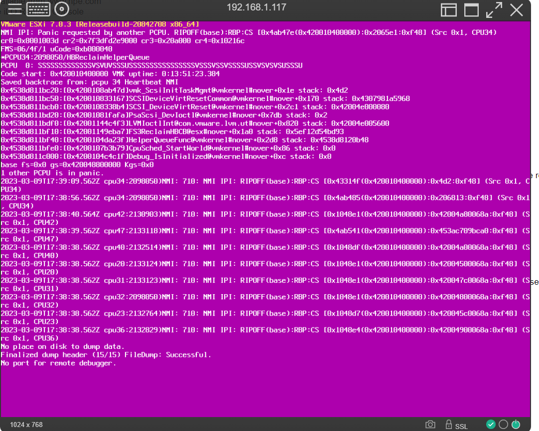 ESXi 7.0.3 purple screen psod calling out NMI IPI: Panic requested by another PCPU.