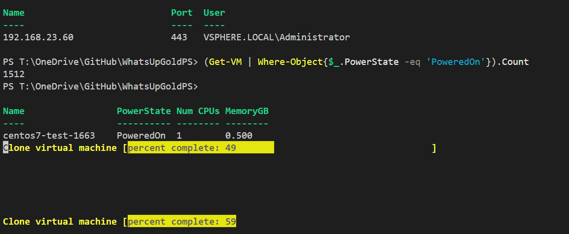 Screenshot of VSCode running Get-VM and showing a powered on count of 1,512, while virtual machines are being created in a loop below