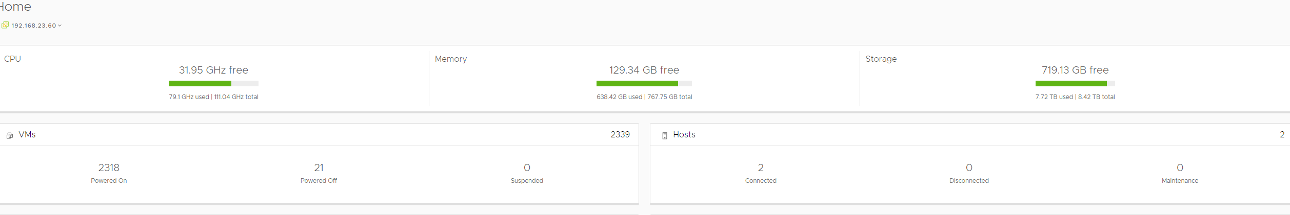 Screenshot of vCenter evaluation showing 2,318 powered on VMs across 2 hosts running stable