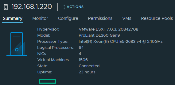 Screen of ESXi 7.0 UI with 1506 virtual machines on the host